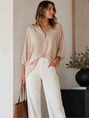 Vince Silk Half Zip Tunic Blouse XS Dusty rose Oversized